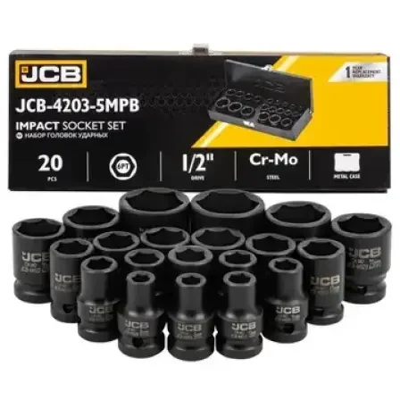 JCB rövid dugókulcskészlet 1/2", 20 részes, 8–32 mm